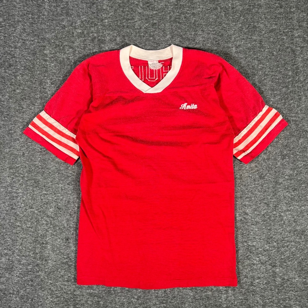 Vintage 70s Red White Highschool Football Jersey Sz Small Acrylic Striped Sleeve